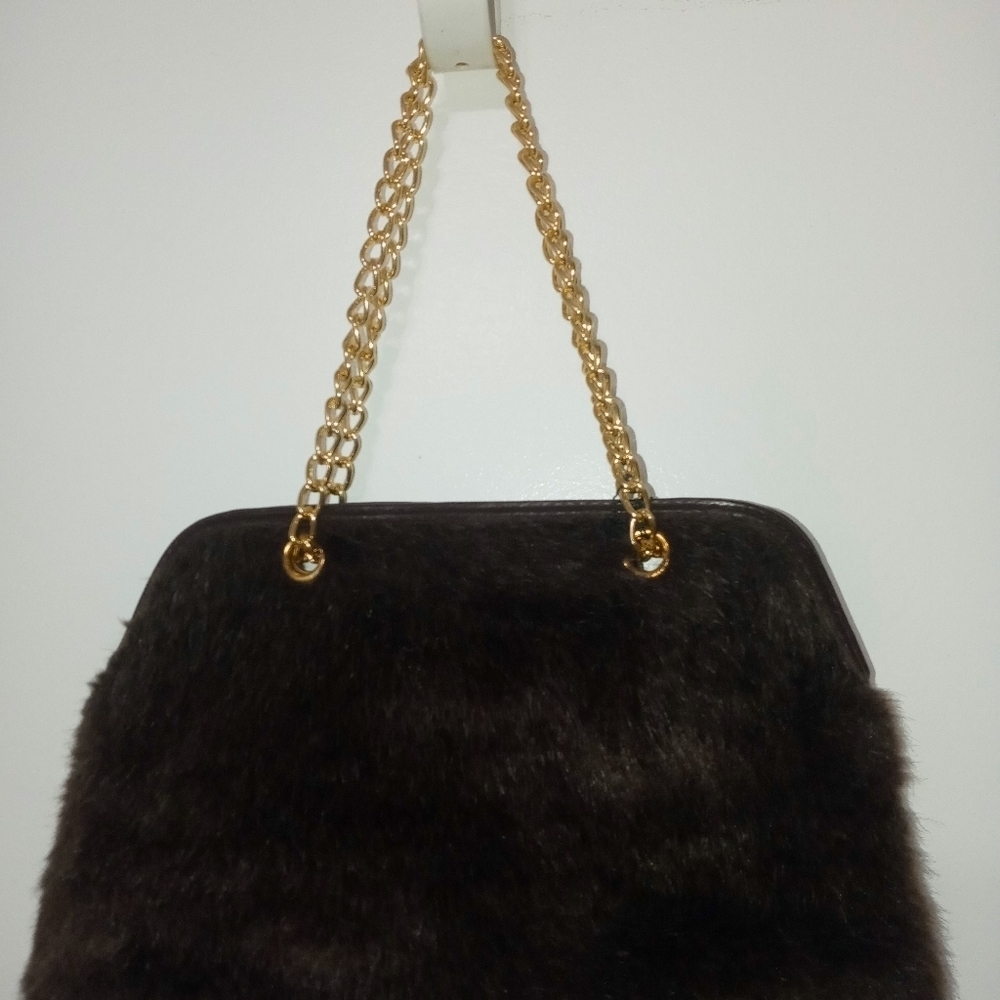 Victoria's Secret Brown Faux Fur Handbag W Gold color chain and red satin lining